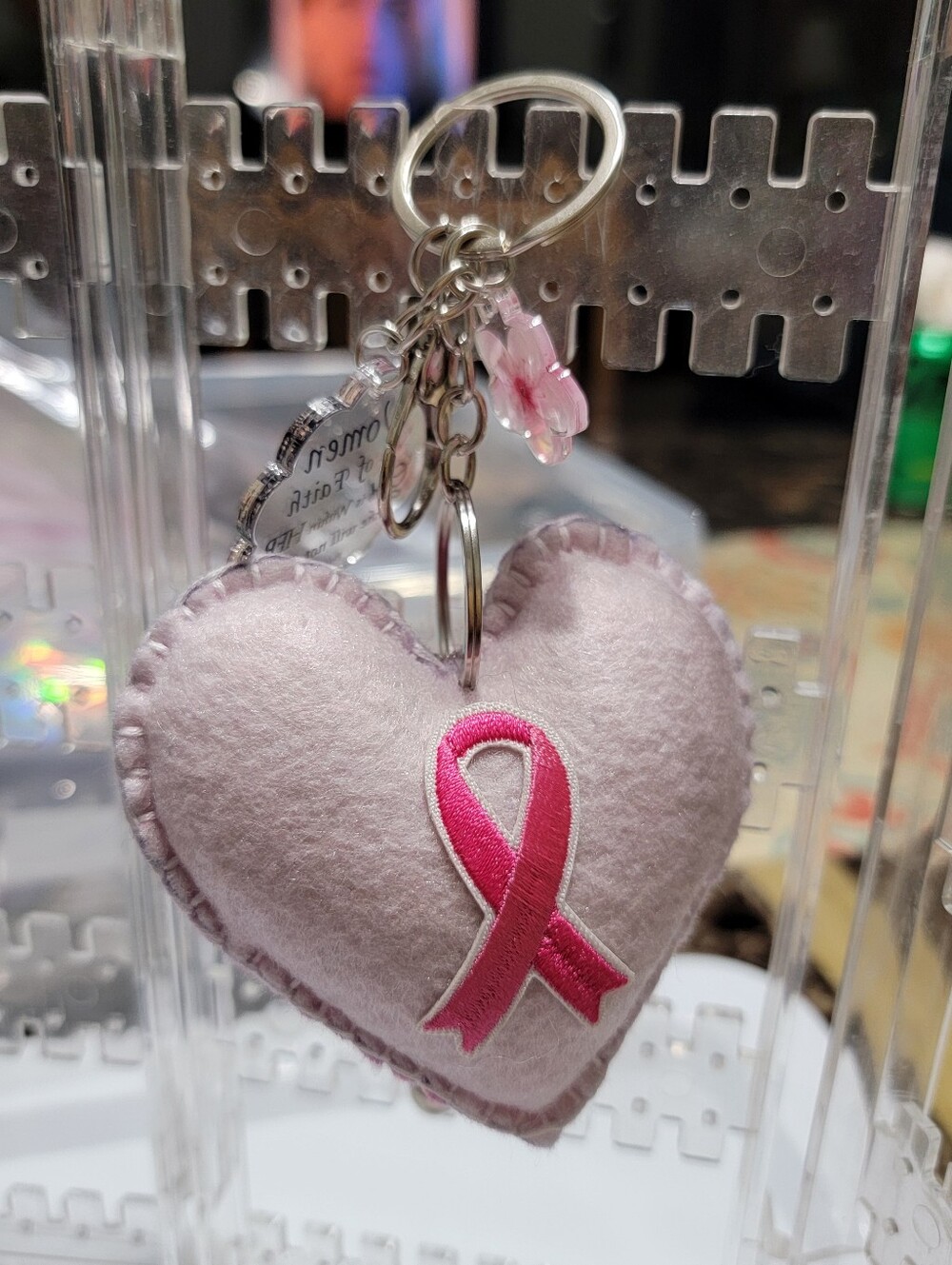 Hand Crafted Pink Heart Key Holder with Awareness Ribbon